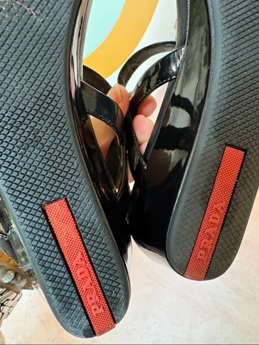 Prada Black Crystal-Embellished T-Strap Wedge Patent Leather Sandals | 37/US7 - Picture 8 of 8